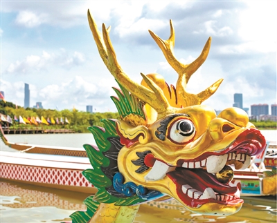 海珠濕地停放的龍舟，龍頭色彩斑斕，熠熠生輝。